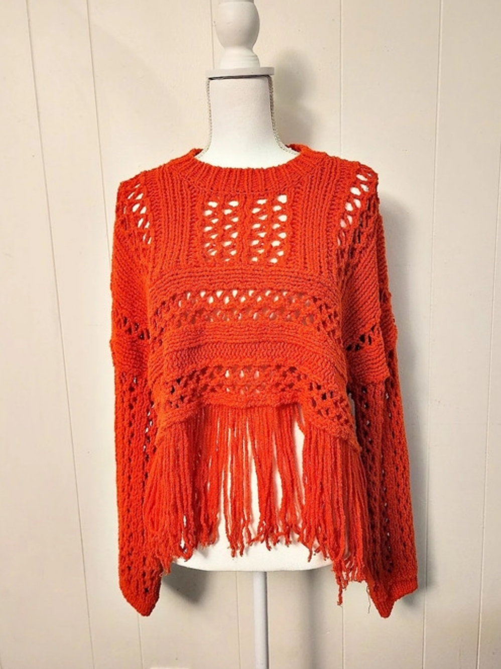 Free People Orange Crochet Fringe Sweater